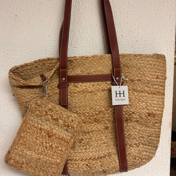 Haute Hippie Straw Woven Raffia Bag Tan Brown Leather Pocket and Trim Tote NWT - Picture 2 of 7